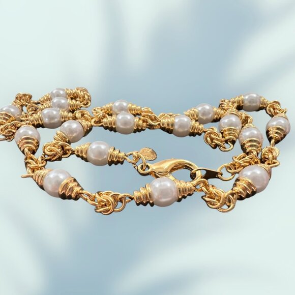 B.C. Lind 14KGE Faux Pearl Necklace Gold Chain Link 18" Retro Classic & Earrings - Picture 4 of 7